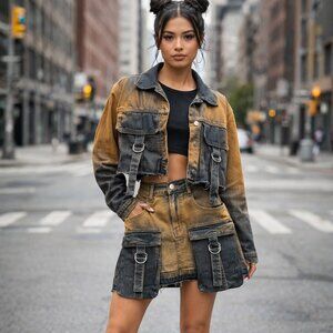 Women’s Black and Brown Cargo Skirt with Cropped Denim Jacket Set Size L